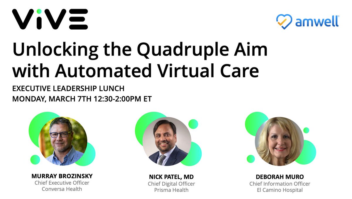 Heading to #ViVE2022? Conversa + Amwell are hosting a special executive luncheon @theviveevent. @mbrozinsky sits w @nickpatelmd, @theprismahealth & Deb Muro, @elcaminohealth to discuss how the #HybridCare delivery model impacts the Quad Aim. Register: info.amwell.com/EV-2022-03-07-…