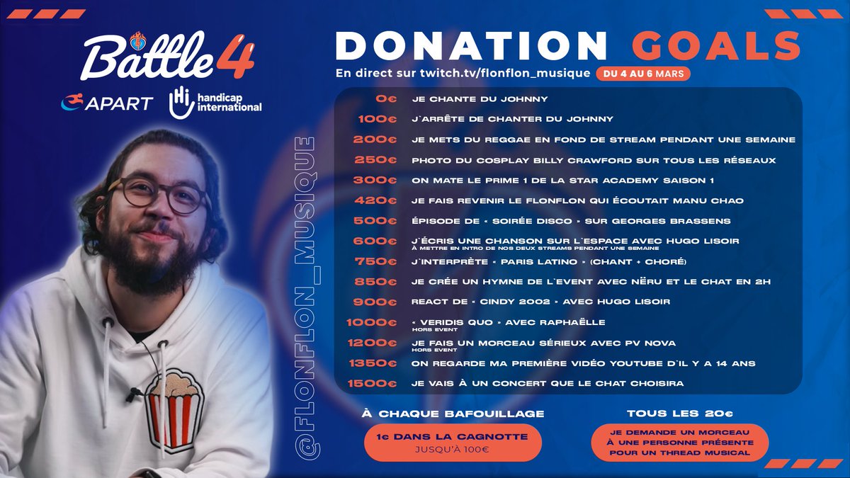 benjaminvalbon's tweet photo. Demain soir commence le @Battle4Event, un week-end caritatif sur Twitch au profit des associations @HI_france et @apartassoc ! Pour vous encourager à donner sur ma chaîne, voilà mes donation goals imaginés avec le chat. Merci @hugolisoir @Tinky_III @pvnova et Raph pour l'aide 🙏 https://t.co/5rFazhpey2
