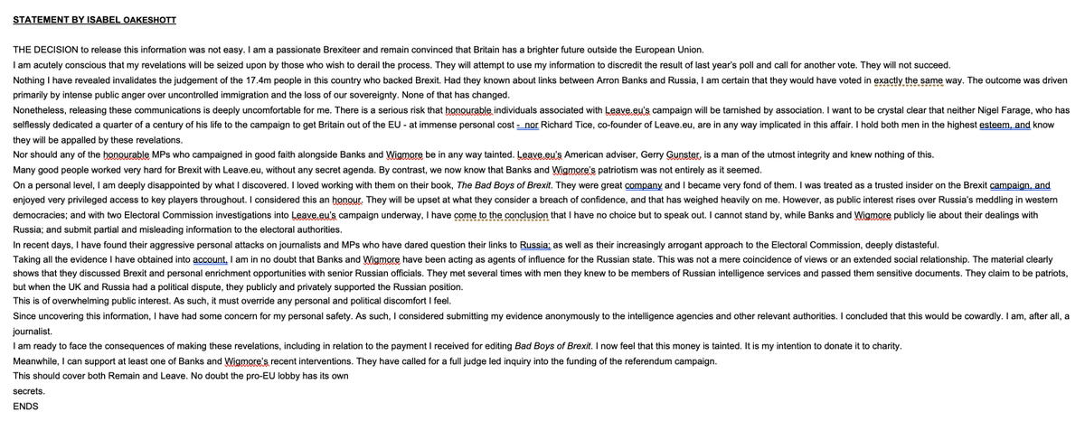 This call prompted Isabel Oakeshott to go back into the Banks emails. And make a shock discovery. This statement has not previously been published. In it, she says: 'I have no doubt that Banks & Wigmore have been acting as agents of influence of the Russian state' 5/