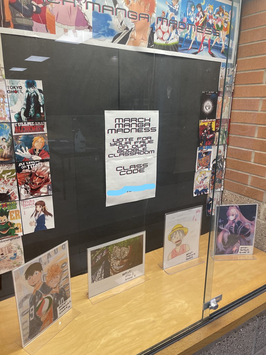 CampionLibrary's tweet image. @CampionLibrary Check out our March Manga Madness display with artwork from Isabella, Atul, Jessica and Hailey!