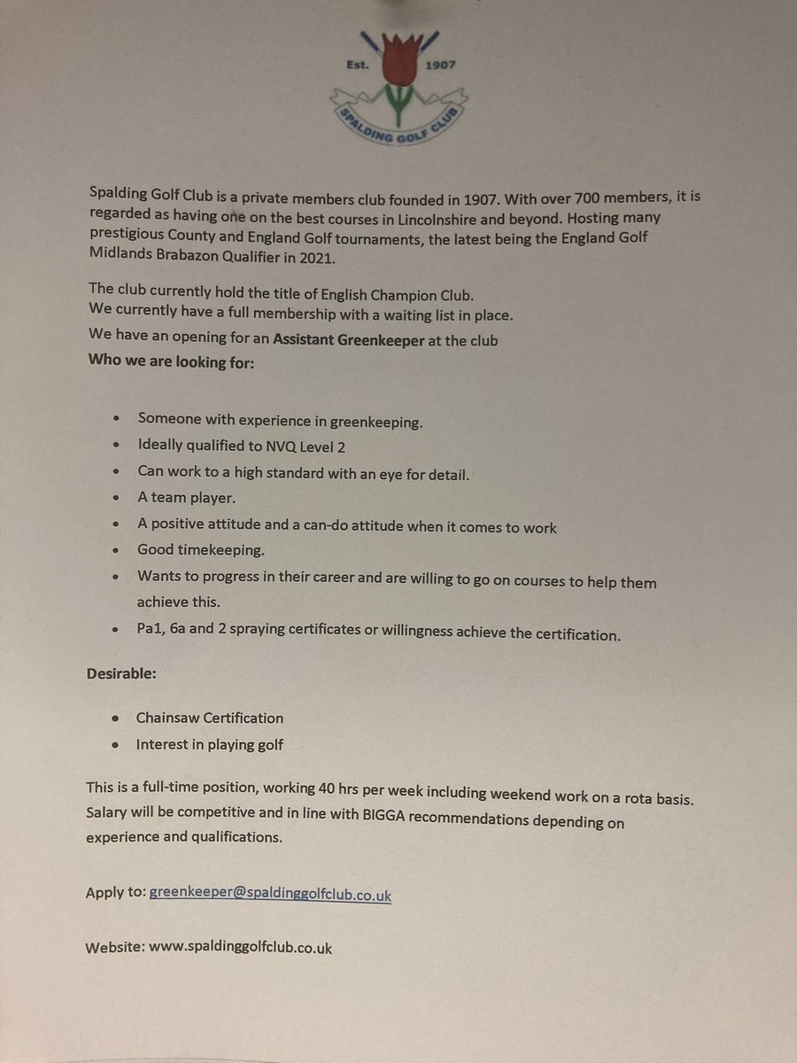 Assistant Greenkeeper required <a href="/Spalding__GC/">Spalding Golf Club</a> Retweets appreciated!