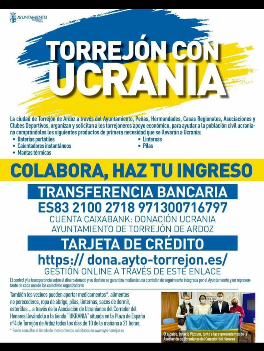 El Pueblo torrejonero es solidario y está vez no va a ser menos, esta cruel guerra no puede dejarnos indiferentes y tenemos que apoyar con los medios que podamos a ayudar a los que la están sufriendo.Que la Virgen proteja a las víctimas y guíe la paz a su pueblo #Noalaguerra