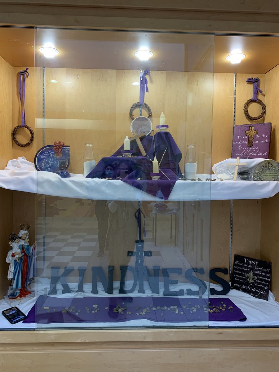 Our Holy Family Display Case reflects the virtue of kindness and the season of Lent. Thank you Mrs. Kirec!