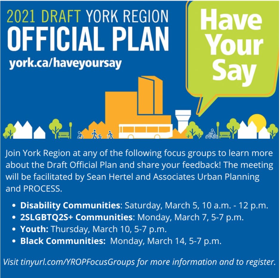 Join us, @YorkRegionGovt, and @Sean_Hertel to learn more about #YorkRegion’s Draft Official Plan & share your feedback! We're hosting conversations for disability communities, 2SLGBTQ+ communities, Black communities & youth. Learn more and register at tinyurl.com/YROPFocusGroups
