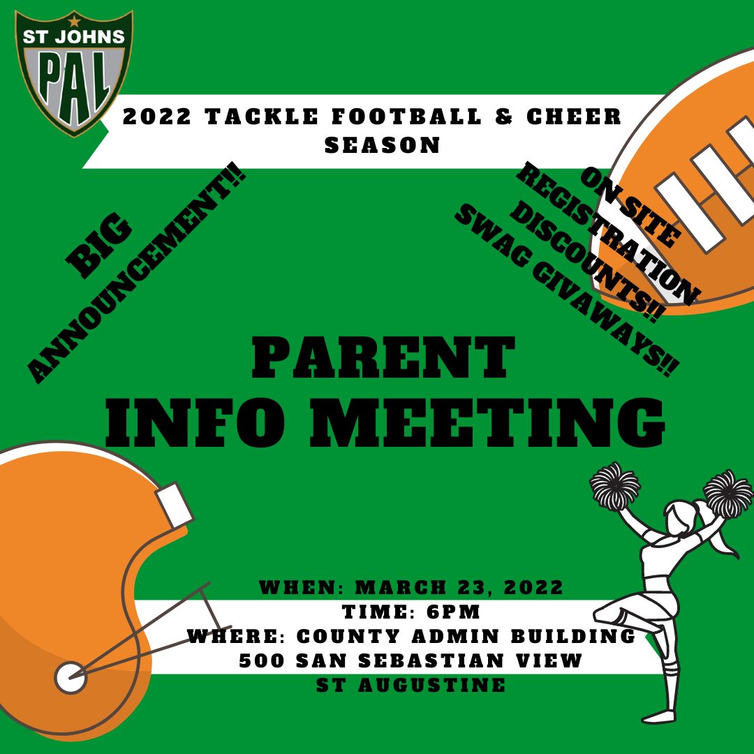 stjohnspal's tweet photo. Super excited for the BIG ANNOUNCEMENT at the parent info meeting on 3/23/2022!  We will also have on site registration discounts and SWAG giveaways!
.
.
.
#morethanagame #palnation #homefieldadvantage #greatestshowondirt #palfootball #palcheer #bigannouncement https://t.co/N6LMrHTmn1