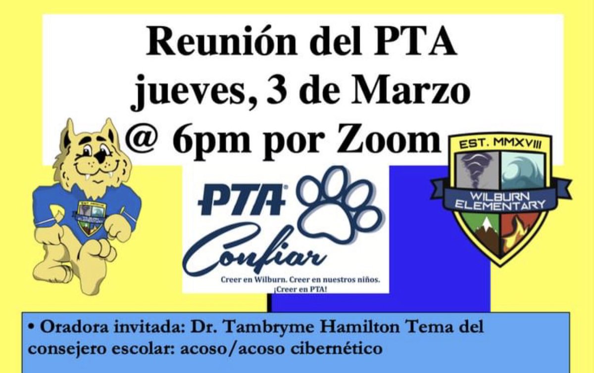 💥Attention .<a href="/WilburnElem/">Wilburn Elementary</a> families, 
Our PTA meeting is Tonight at 6pm via zoom! We have some great things in store, including Guest speaker Dr. Tambryme Hamilton. Please join us.
💥To join the meeting simply go to talking points for the link to join @ 6pm 💙💛 
#Wilburnproud