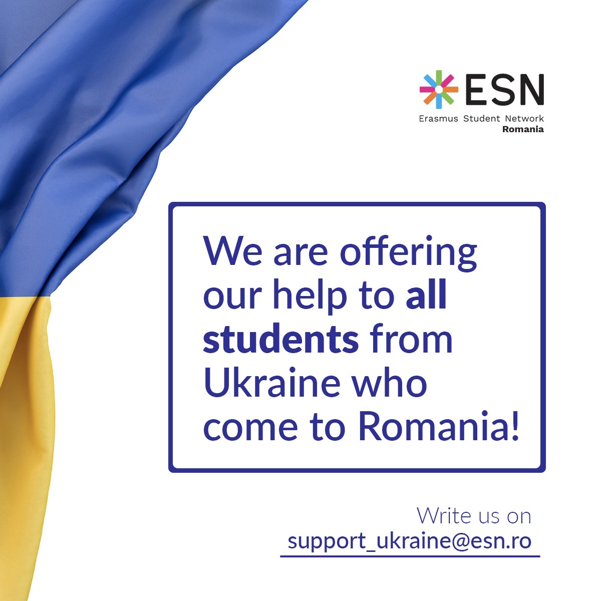 We are offering our help 🤝 to all students from Ukraine who come to Romania, regardless of nationality.

More information on esn.ro.
#THISisESN #WeAreOne #StandWithUkraine️