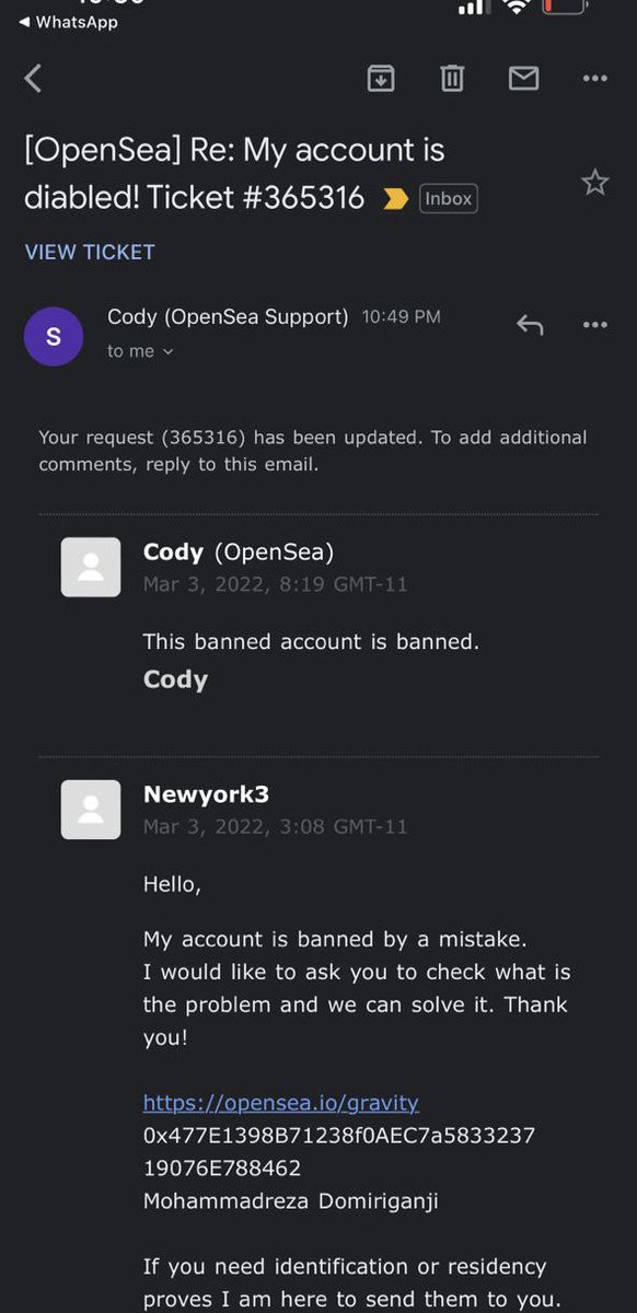 mrdomiri's tweet photo. Please share this to the whole #NFT community! How rude @opensea support can be! Shame on you. https://t.co/FwvovDpB1l