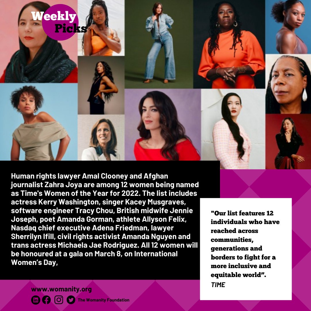 forWomanity's tweet image. In our Womanity #WeeklyPicks, we highlight inspiring women-related news from around the world:
@TIME introduced “Women of the Year 2022”, featuring 12 extraordinary leaders who are working toward a more equal world.

#TheWomanityFoundation #WomenEmpowerment
