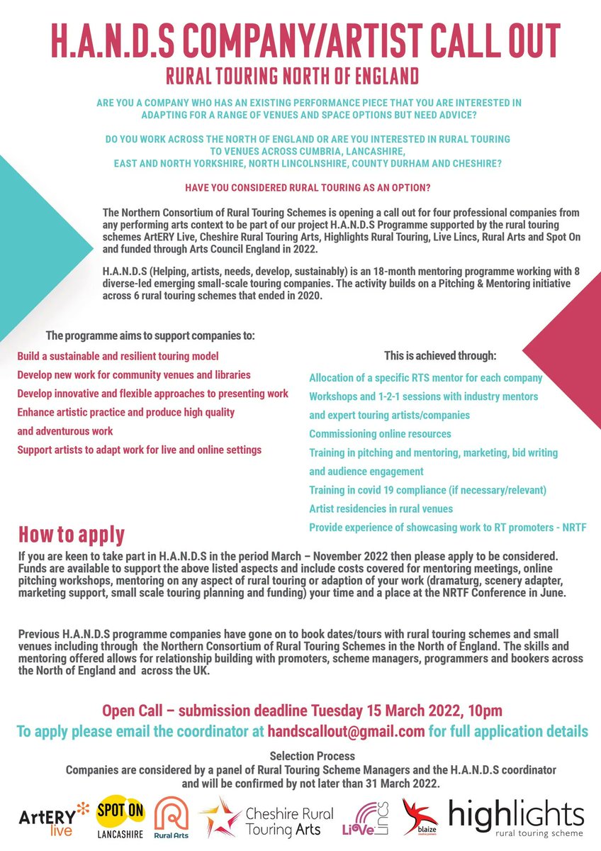 🚨 NEW OPPORTUNITY ALERT! 🚨 

❓ Are you an arts company who has an existing performance piece that you are interested in adapting for a range of venues and space options but need advice? Take a look at the HANDS call out! Deadline Tuesday 15th March, 10pm.
