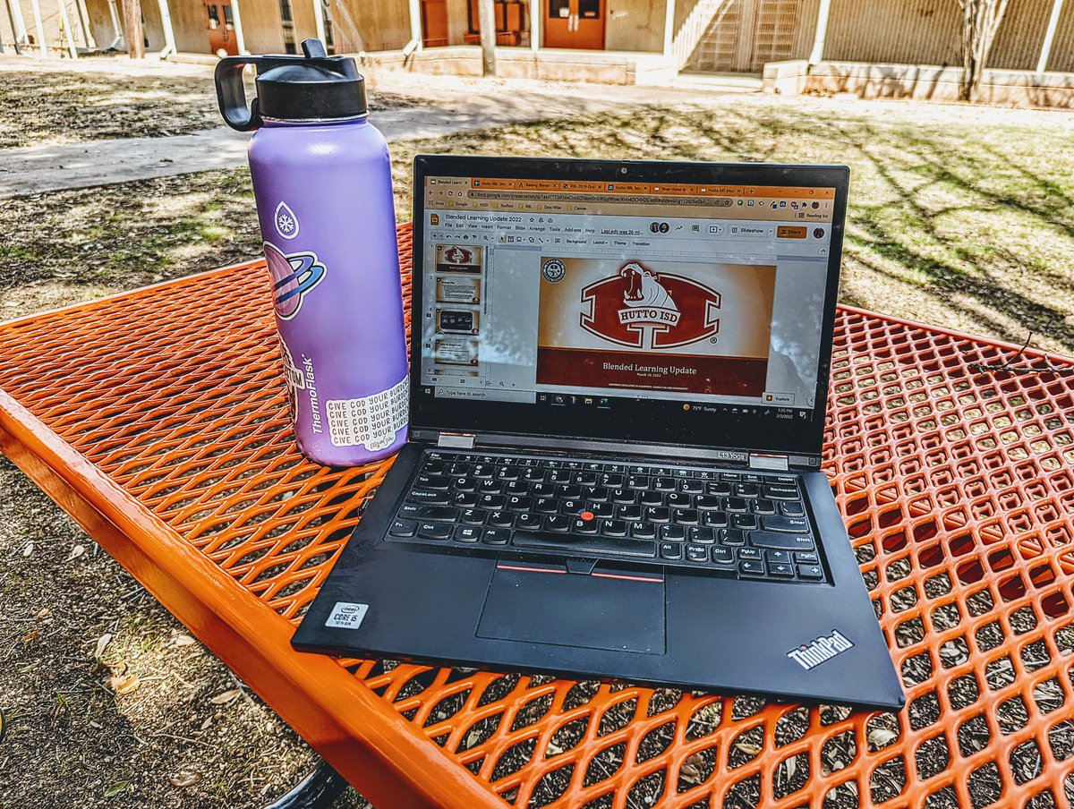 Finally some beautiful #texasweather. Enjoying the sunshine, working in #GoogleSlides #offline because I'm too far away from the building. Finishing up the #BlendedLearning update presentation for the school board meeting next week!