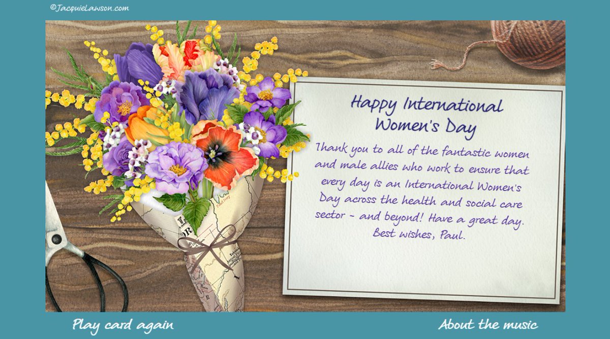 Pip Hardy (@pilgrimpip) on Twitter photo What a lovely, thoughtful e-card to receive from our friend <a href="/NHSE_Paul/">Paul Deemer</a> Happy International Women's Day Everyone! What a lovely, thoughtful e-card to receive from our friend <a href="/NHSE_Paul/">Paul Deemer</a> Happy International Women's Day Everyone!