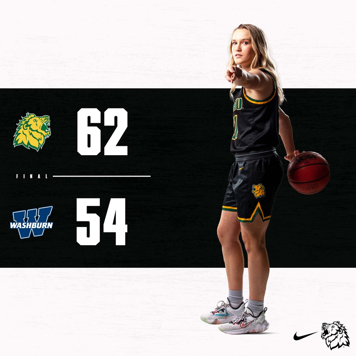 Lions beat Washburn 62-54 and will play the winner of Central Missouri vs Missouri Western on Saturday at noon. Lacy Stokes finishes with 22pts, 6rebs and 5asts. Madi Stokes with her first career MIAA Tournament double double with 12pts and 12rebs. #LetsRoar