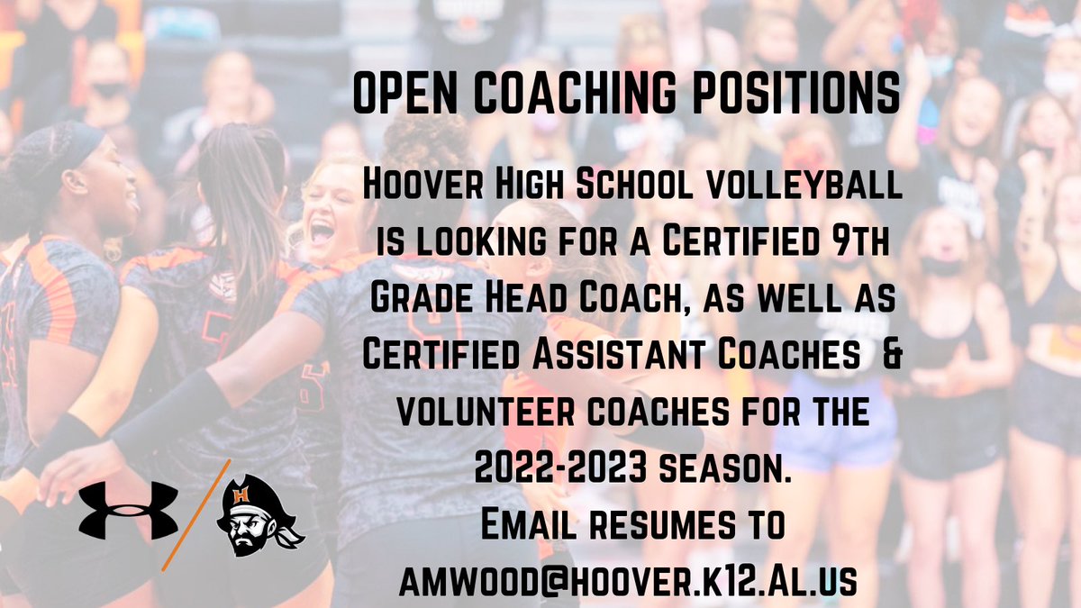 Hooverbucvball's tweet photo. Hoover High School Volleyball is looking for certified & volunteer 9th grade coaches! If you or anyone you know is interested, please email resumes to amwood@hoover.k12.al.us #protecttheship #hoovervb #GOBUCS #bucsvb https://t.co/HDYpYbXPZR