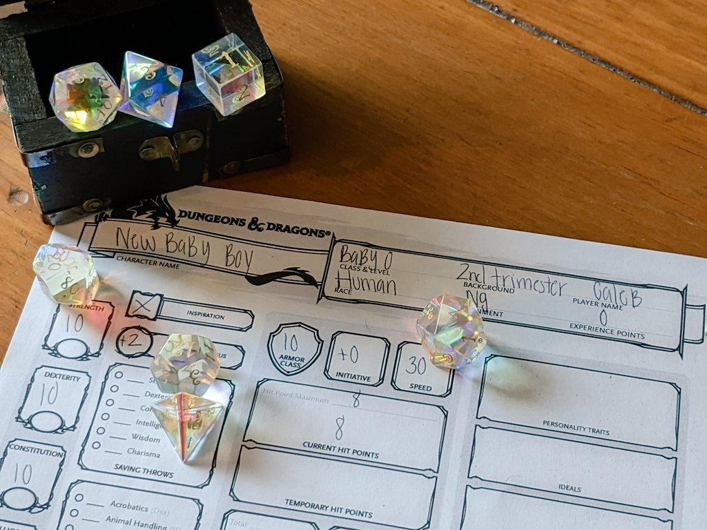 We'll be adding a new little gem come August! Please welcome our level 0 human to Arcane Focus. Baby Caleb is still baking,but will be here before we know it. @mikeogame (our Dm)&amp; @Black_Cat_Mama (currently playing Vera) are beyond excited to share this moment with all of you.