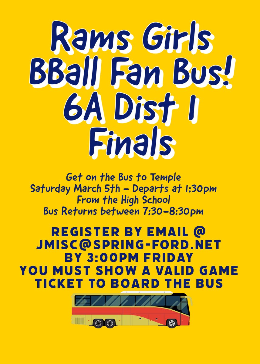 Spring-Ford Girls Basketball (@gbbford) on Twitter photo We're going to the 6A, District 1 Championship Game.
Who's coming on the bus with us???
Don't miss out - Let's pack the stands with Rams Fans
<a href="/SFboys_bball/">SF Boys Basketball</a> <a href="/SFordBoosters/">Spring-Ford Boosters</a> <a href="/AthleticsFord/">Spring-Ford Athletics</a> We're going to the 6A, District 1 Championship Game.
Who's coming on the bus with us???
Don't miss out - Let's pack the stands with Rams Fans
<a href="/SFboys_bball/">SF Boys Basketball</a> <a href="/SFordBoosters/">Spring-Ford Boosters</a> <a href="/AthleticsFord/">Spring-Ford Athletics</a>