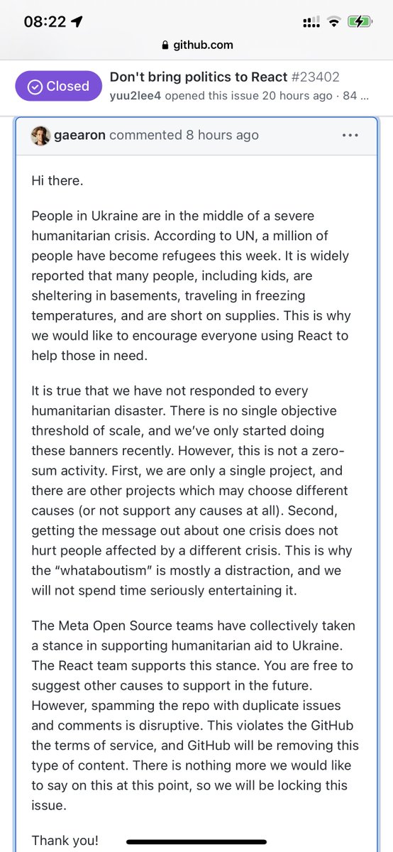haoel's tweet image. React.js 官方在被中国程序员洗版后声明。1）我们鼓励每个使用 React 的人来帮助那些需要帮助的人 。2）我们虽并未对每一场人道主义灾难作出反应， 但我们不是单一价值观。3）你们这叫 whataboutism “那又怎么说”主义，我们不会花时间在这上面。4）你们违反了github协议。github.com/facebook/react…