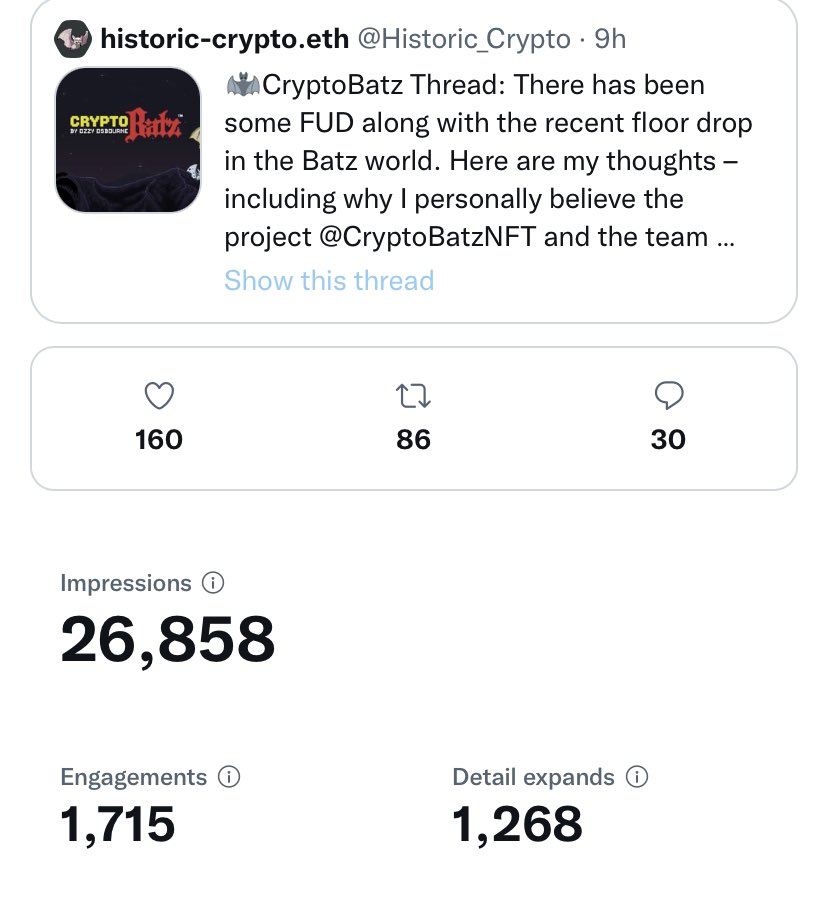 Historic_Crypto's tweet photo. Twitter was rocking today 🦇 love the @CryptoBatzNFT @SutterSystems fam out here! New announcements and giveaways are live in discord too! LFG Batz! 🦇 #bitefest #cryptobatz #alphabatz #NFTs https://t.co/xtaX71ucHx