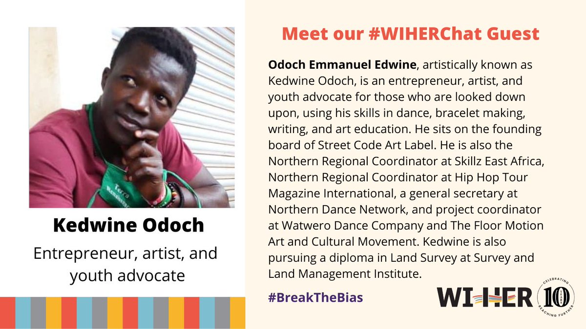 WI-HER (@wiherllc) on Twitter photo Meet #WIHERChat guest <a href="/KedwineO/">Kedwine Odoch</a>, an #Entrepreneur, artist, and #Youth advocate. During our Twitter Chat on 7 March, he will share his thoughts on #BreakTheBias and how we must work to support one another. Meet #WIHERChat guest <a href="/KedwineO/">Kedwine Odoch</a>, an #Entrepreneur, artist, and #Youth advocate. During our Twitter Chat on 7 March, he will share his thoughts on #BreakTheBias and how we must work to support one another.