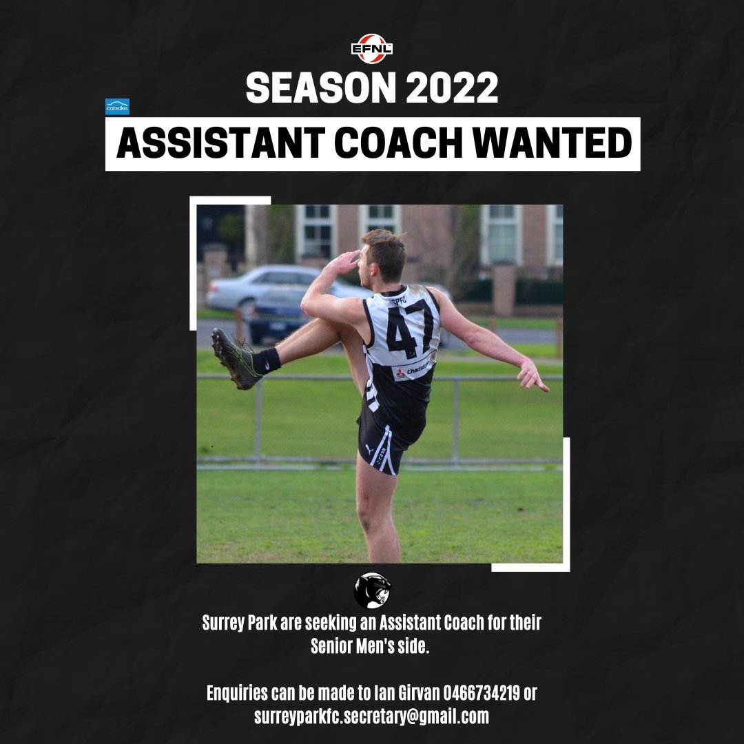 Surrey Park are seeking an Assistant Coach for their Senior Men's side. 

Enquiries can be made to Ian Girvan 0466734219 or surreyparkfc.secretary@gmail.com