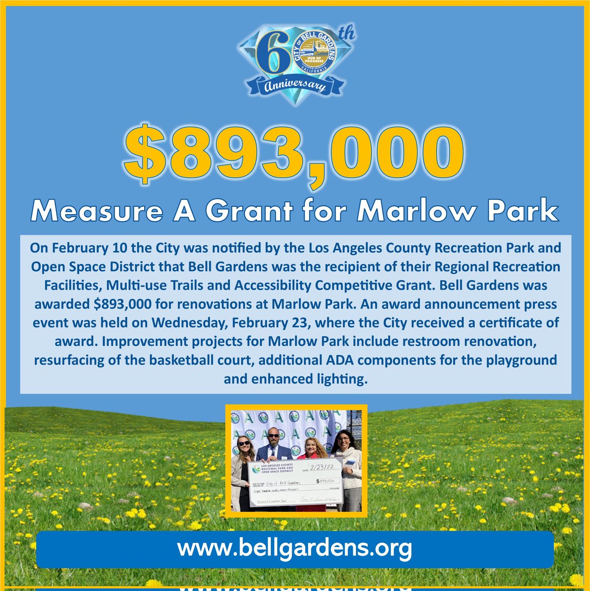 bellgardenscity's tweet photo. $893,000 MEASURE A GRANT FOR MARLOW PARK
Improvement projects for Marlow Park include restroom renovation, resurfacing of the basketball court, additional ADA components for the playground and enhanced lighting.
@bgrecreation
#CityOfBellGardens #BG #BGPW #BGPublicWorks #MeasureA https://t.co/yW7yuJ2UcE