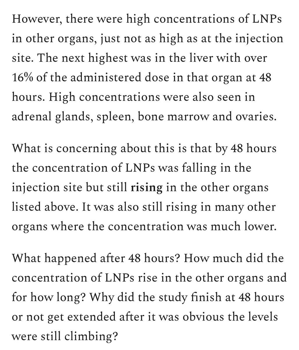 1.Release of the Pfizer documents showed that the lipid nanoparticles in the vaccine, that deliver the mRNA to the body, were found in high concentrations in organs and not just in the injection site. But most concerning is that within 48 hours these levels went ⬆️ in the organs