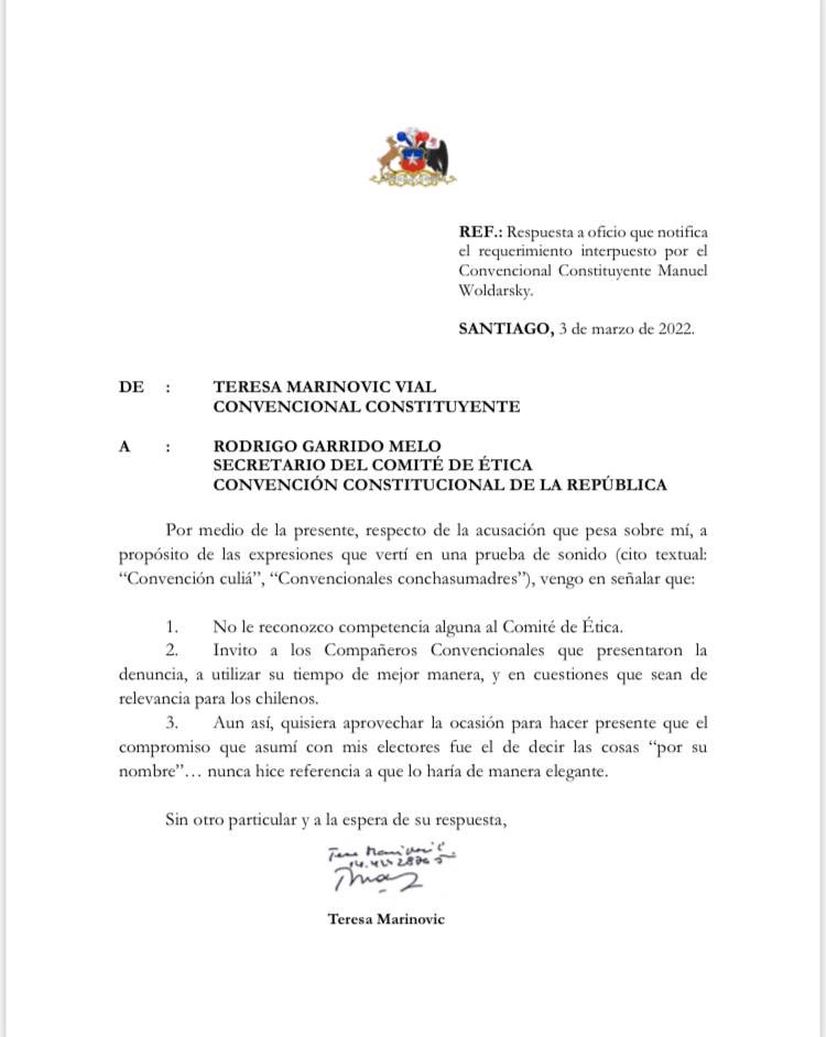 tere_marinovic's tweet photo. Comparto mi respuesta al Comité de Ética de la Convención C., ante la denuncia que formularon en mi contra algunos convencionales: https://t.co/eKEEHG5dLk