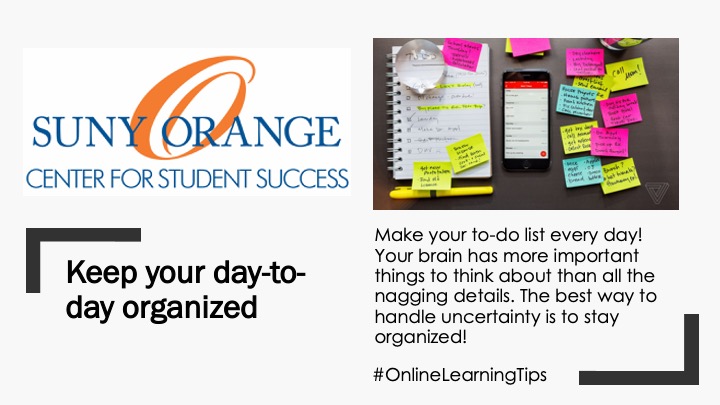 SUNY_OrangeCSS's tweet photo. TIP FOR SUCCESS: Use a "to-do" list daily! ✅
#SOorganized #SOaccomplished #StudentSuccess https://t.co/EHx1THZ6pq
