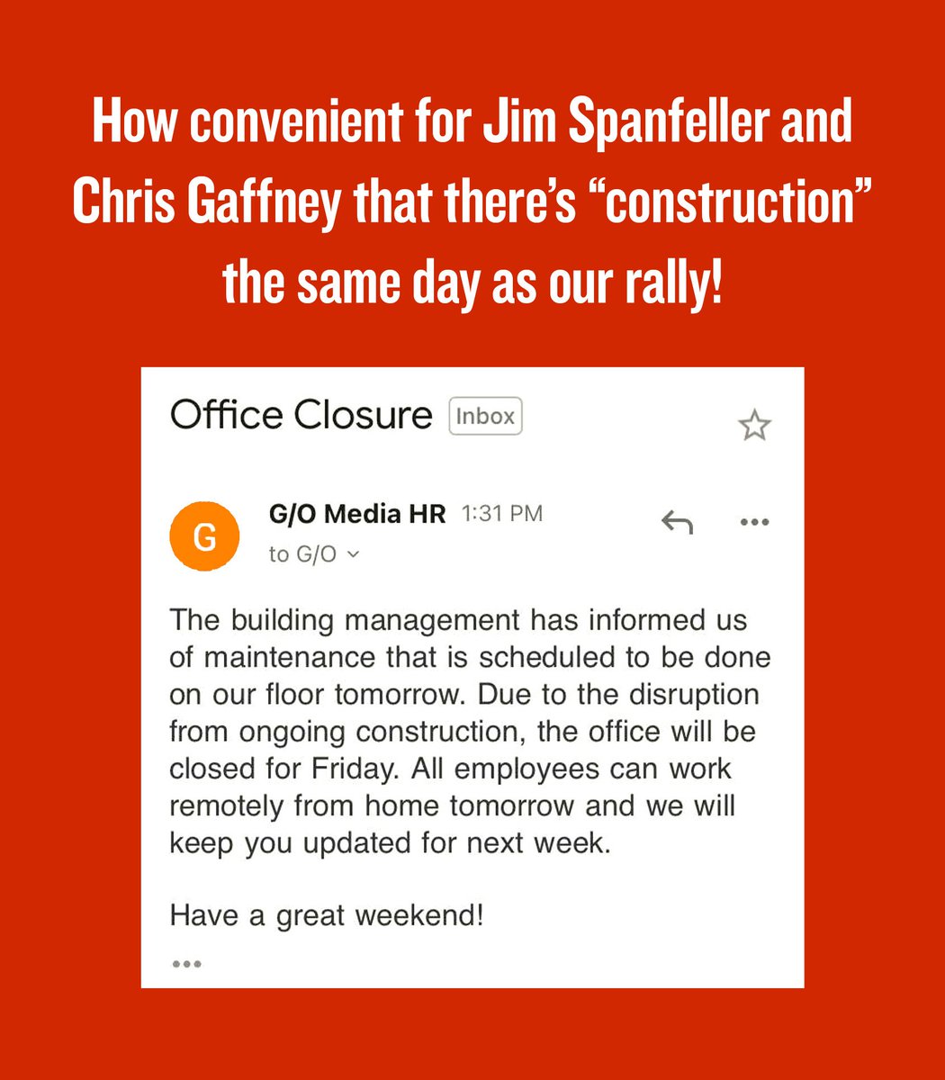 gmgunion's tweet photo. how convenient for jim spanfeller and chris gaffney that there’s suddenly “construction” the same day as our rally! #gmgstrike https://t.co/DSI9bGSHjE