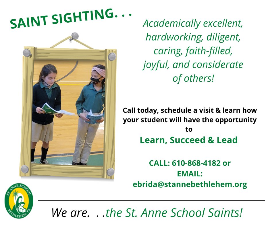 StAnneBethlehem's tweet photo. We welcome you to visit our school family where our students shine in an academically excellent, faith-filled, safe &amp; secure, welcoming setting.  Call us today to schedule your visit. Meet our teachers and our St. Anne Saints!!!!! https://t.co/ATg9PbNOYc