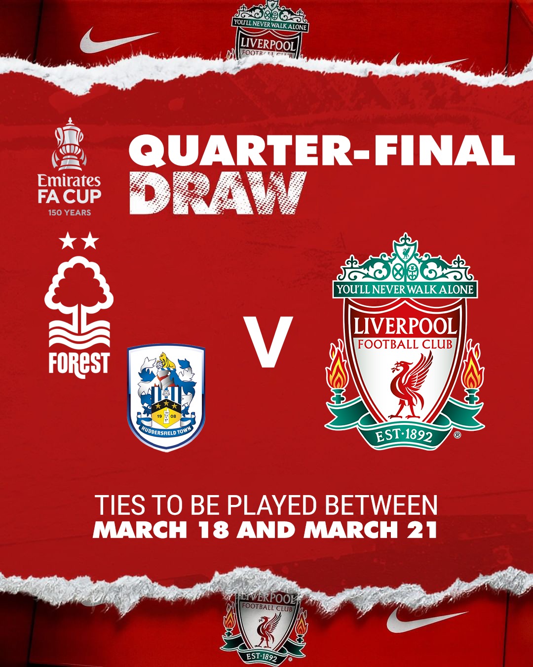 Toru Yoda リバプールのfaカップ準々決勝 対戦相手はノッティンガム フォレスト又はハダースフィールドに決定しました リバプールのアウェイゲームとなり 試合日程面の関係で プレミア リバプール対マンチェスター ユナイテッド戦は延期となります