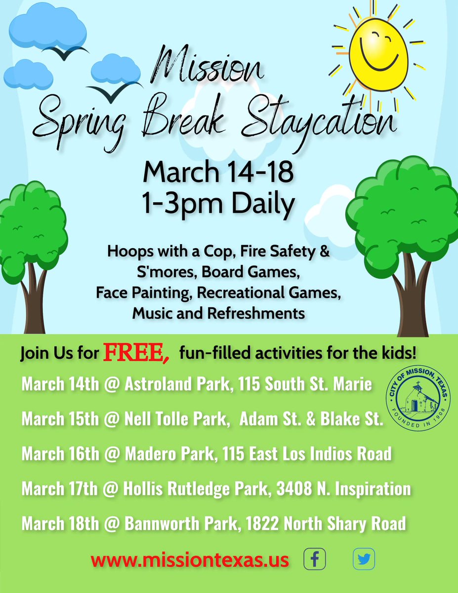 CityOfMissionTX's tweet photo. Hey parents! Save the dates, and bring the kids to come play in the park with us during Spring Break week. #MissionFun #PlayInMission ππ₯³π€© https://t.co/cH20oTOR4b
