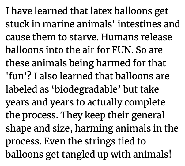 gs150ak's tweet photo. My research topic is about balloons and their negative effects on the [marine] environment and this connects SO WELL to Undrowned. Humans pollute the environment, disregarding the living creatures we harm. Look at the image below for the full Tweet. #globalstudies150 https://t.co/qQclJpVUu5