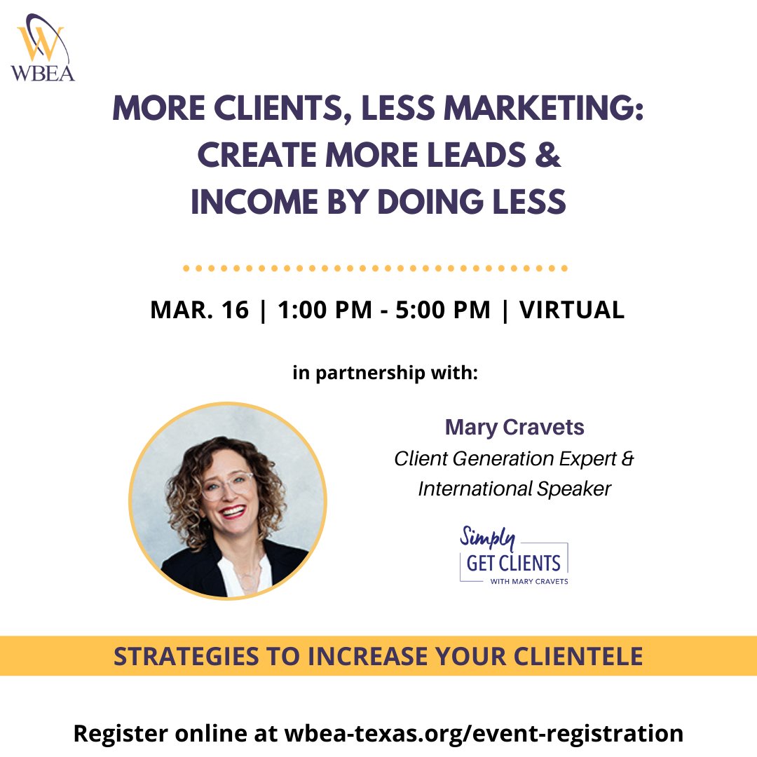 WBEATexas's tweet image. Gain the knowledge on how to increase your clientele through #strategic #marketing. The session will include the 6 key elements to keep you out of the feast-or-famine cycle of #ClientGeneration. Learn how to Simply Get Clients with Mary Cravets: conta.cc/3pcTvfE
#SmallBus