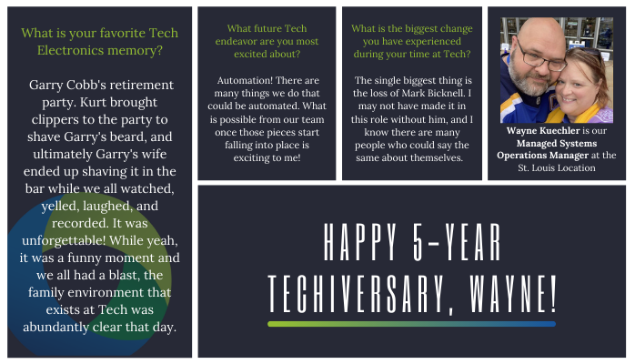 Tech_Elec's tweet image. Happy 5-year Tech Electronics anniversary to Wayne Kuechler🎉! The #TECHTeam is lucky to have you, and we are excited for many more years to come!