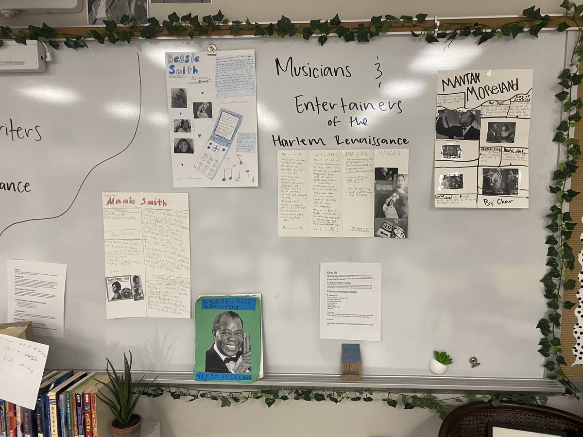 MsErinRobbins's tweet photo. Take a look at our Harlem Renaissance Museum! Students picked a topic to research and chose how to present their information. We have posters, repurposed books, podcasts, and more! https://t.co/isFozryvmk