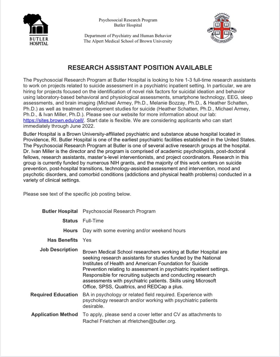 Dr. Heather Schatten (@heatherschatten) on Twitter photo Our lab is hiring Research Assistants to work on suicide assessment and intervention projects! Please circulate to people who might be interested! <a href="/MichaelArmeyPhD/">Michael Armey</a> <a href="/BozzayMelanie/">Dr. Melanie Bozzay</a> <a href="/CRISPatBrown/">CRISP Suicide Prevention Consortium @Brown</a> <a href="/ChrisHughesPhD/">Christopher D Hughes, PhD</a> <a href="/NicoleNugentPhD/">Nicole Nugent, PhD</a> Our lab is hiring Research Assistants to work on suicide assessment and intervention projects! Please circulate to people who might be interested! <a href="/MichaelArmeyPhD/">Michael Armey</a> <a href="/BozzayMelanie/">Dr. Melanie Bozzay</a> <a href="/CRISPatBrown/">CRISP Suicide Prevention Consortium @Brown</a> <a href="/ChrisHughesPhD/">Christopher D Hughes, PhD</a> <a href="/NicoleNugentPhD/">Nicole Nugent, PhD</a>