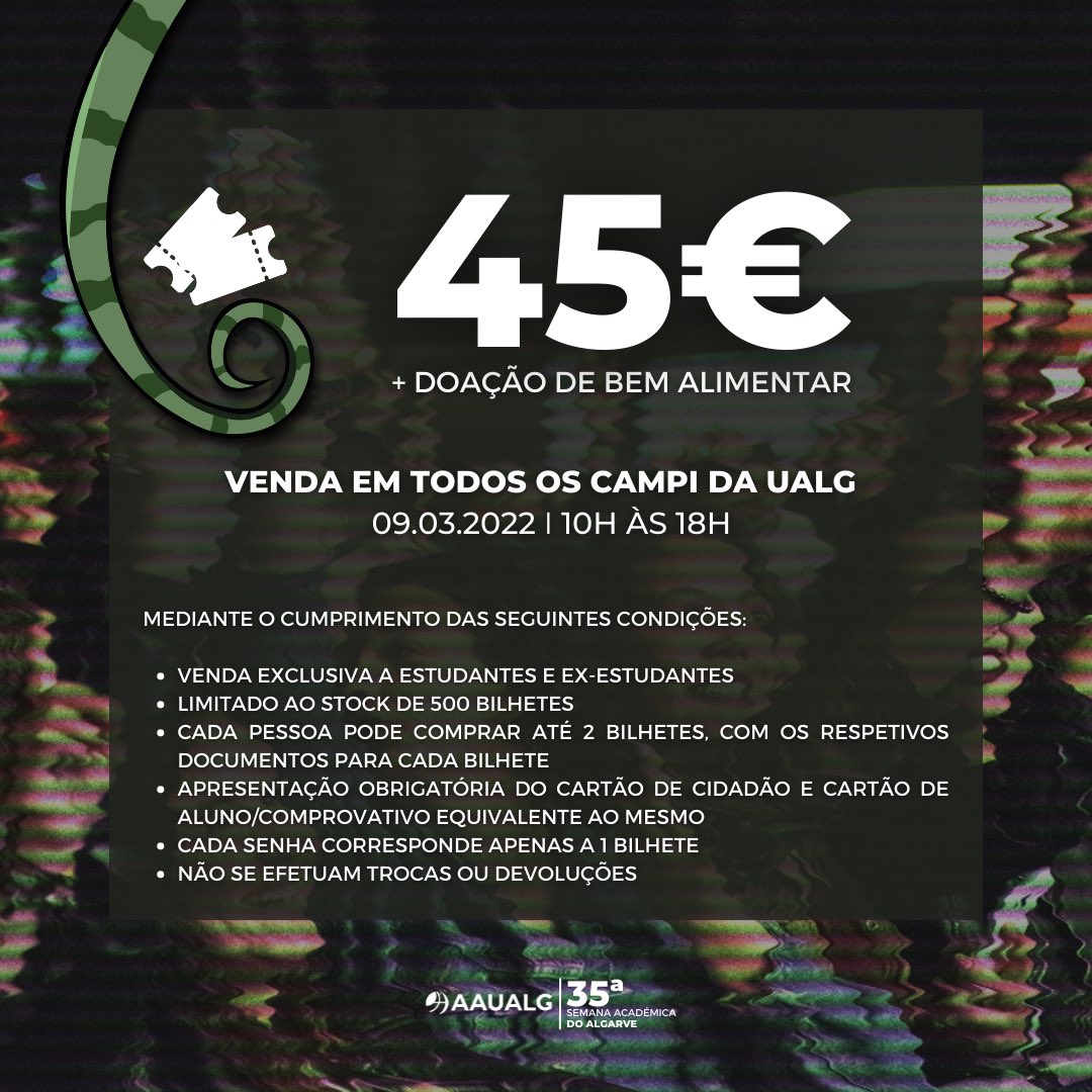 🎟 Agarra já o teu bilhete e começa em grande a tua 35ª Semana Académica do Algarve!

👉 Fica a par de tudo nas redes sociais da 35ª Semana Académica do Algarve

#35SAAlgarve