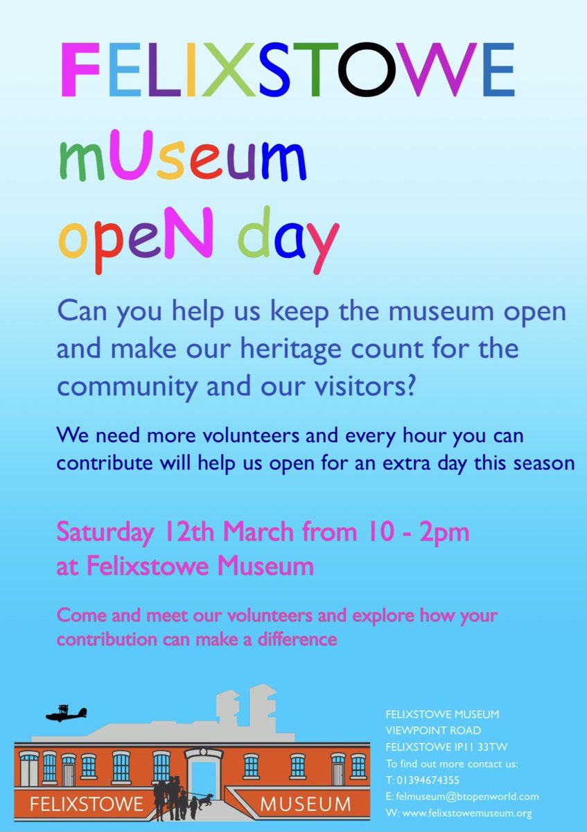 I am proud to be a Volunteer Trustee of Felixstowe Museum.Why not come along on Sat 12th March &amp; find out more about the fabulous roles on offer,both front-of-house and behind-the-scenes?If you are looking for a fun, rewarding &amp; sociable activity for a few hrs a week,pls join us!