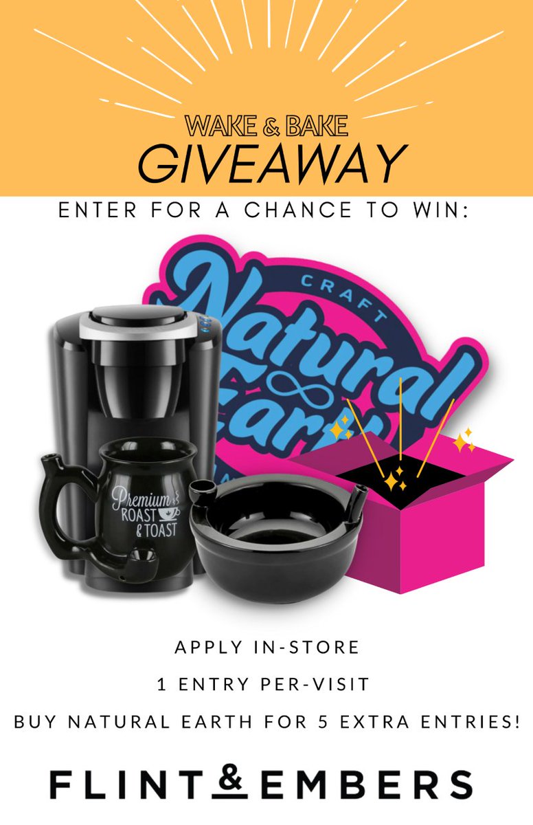 FlintAndEmbers's tweet photo. ☀️Wake &amp; Bake☀️
Visit us down at the shop, 1065 Portage Avenue (WPG, MB) for a chance to enter our wakeful giveaway!
-1 Entry for every visit
-5 EXTRA ENTRIES for any NECC product purchases!
No purchase necessary!!
In-store giveaway only &amp; must be 19+ to enter. https://t.co/OQcYprjebN