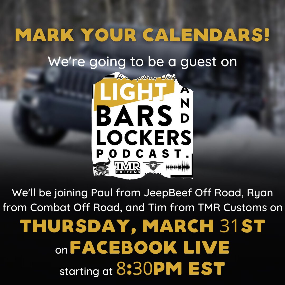 JeepWorld's tweet photo. Get ready for Jeep World's guest appearance Jeep Podcast Lightbars and Lockers! We'll be joining Paul ( @JeepbeefHQ ), Ryan ( Combat Off Road ), and Tim ( TMR Customs ) on March 31st at 8:30pm EST on their weekly Facebook Live talk show/podcast! Come check it out!
#jeeppodcast https://t.co/d9PJXriJQ3