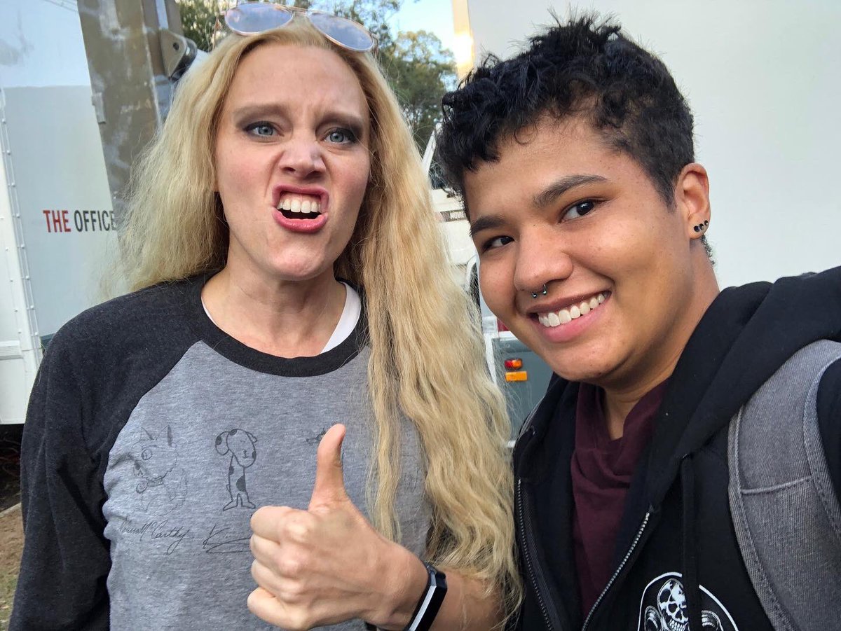 LexMayson's tweet image. I play Saff in Joe vs Carole that just came out on @peacockTV ! Here’s a pic of me with my prosthetic with bonus Kate McKinnon selfie
