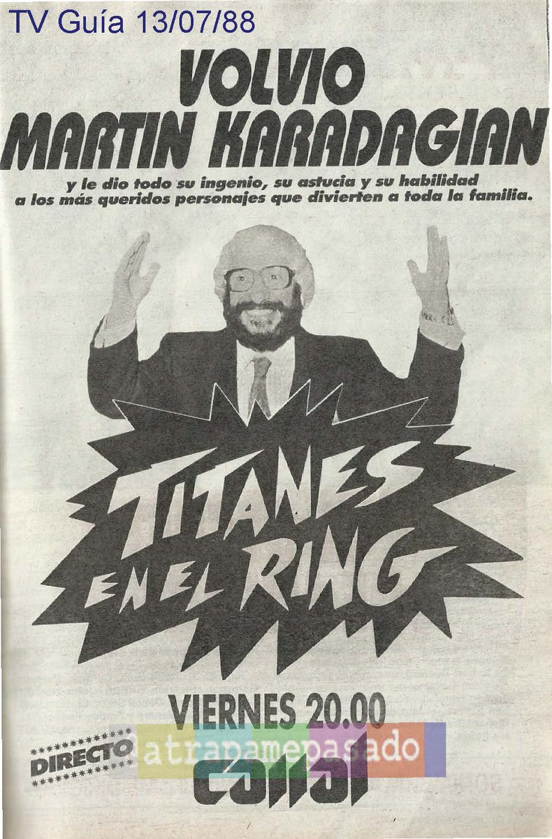 atrapamepasado's tweet photo. 📺Se cumplen #60años del debut de #TitanesEnElRing. Su primera emisión fue un #3deMarzo #En1962 por la pantalla de LS 83 TV Canal 9 CADETE.
Hoy recordamos la gran creación de Martín Karadagián en la última temporada que encabezó: LS 84 TV Canal 11 #En1988. https://t.co/0I85QU04hc