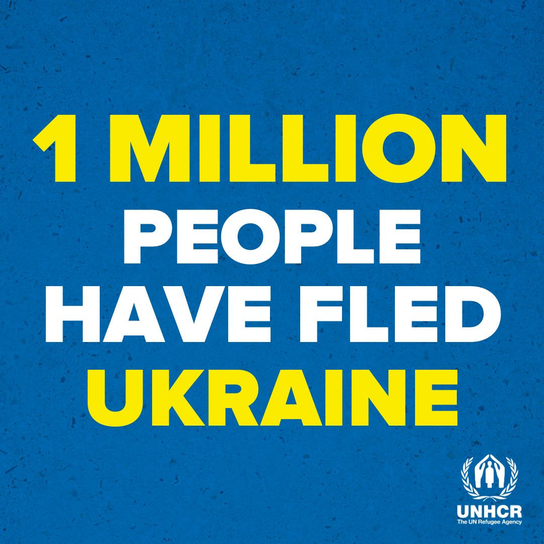 1 million refugees have now fled Ukraine.
 
The situation is grave. We must all help: if you are able, please donate to <a href="/Refugees/">UNHCR, the UN Refugee Agency</a>. Whatever you can give will help UNHCR deliver critical humanitarian assistance.
 
Share far and wide: unh.cr/621dfc8712f