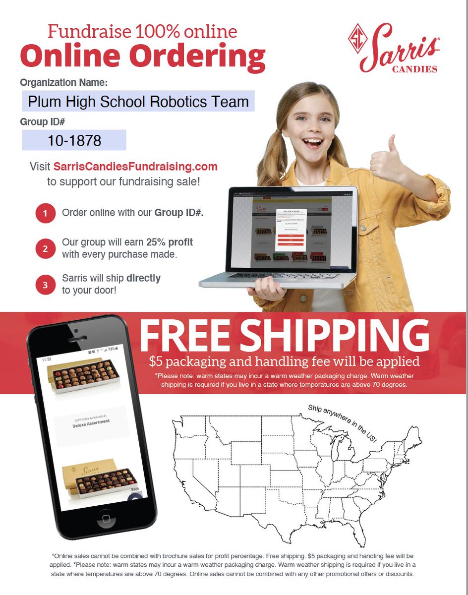 Please support our Spring Easter Candy sale with Sarries Candies.  All proceeds will go towards our bot for our upcoming spring competitions.  Thank you for your support!  See the flyer below for ordering details.