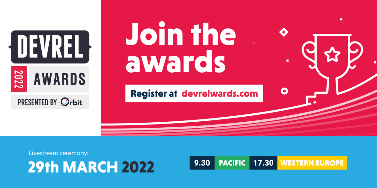 pachicodes's tweet photo. I am super excited to be one of the Judges for #devrelawards2022 
The awards ceremony will be on March 28th, so save the date. 
It is one of the coolest #devrel events!
This years presented by @OrbitModel 
 #devrelawards https://t.co/3GcCbiDoYk