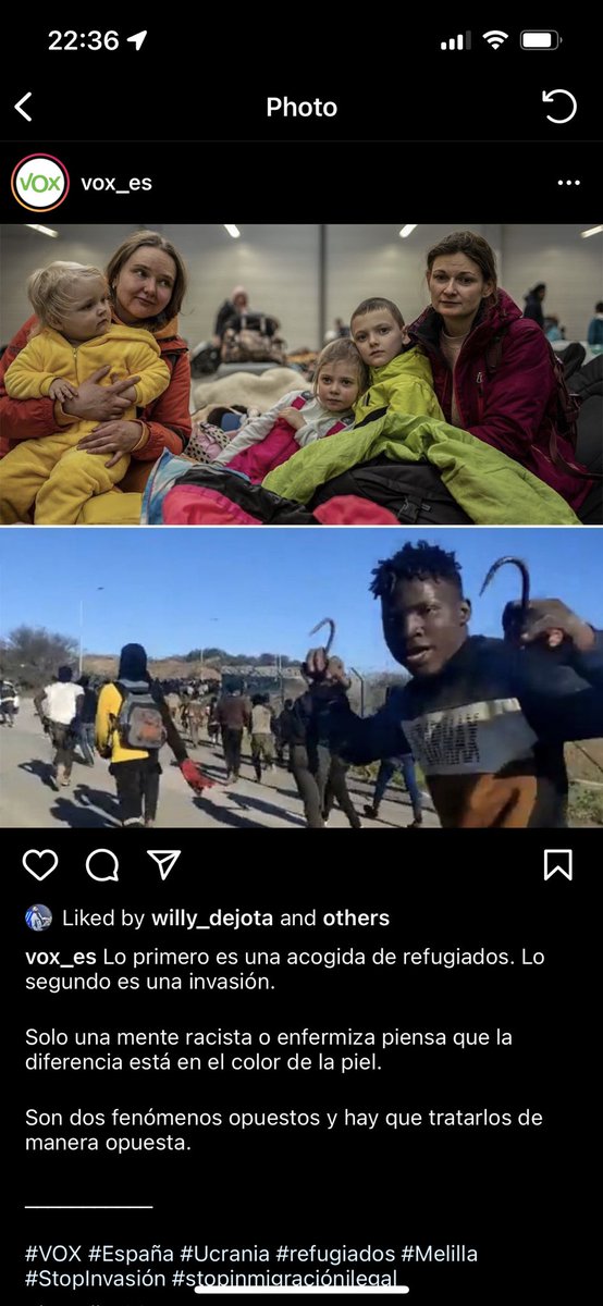 lucferbux's tweet photo. Acabo de ver esto en una story de un conocido. Ya obviando el racismo recalcitrante de la publicación, el hecho de que @vox_es utilice una crisis como esta para difundir sus soflamas políticas demuestra su desvergüenza y falta de ética. https://t.co/RUoFnIofMh