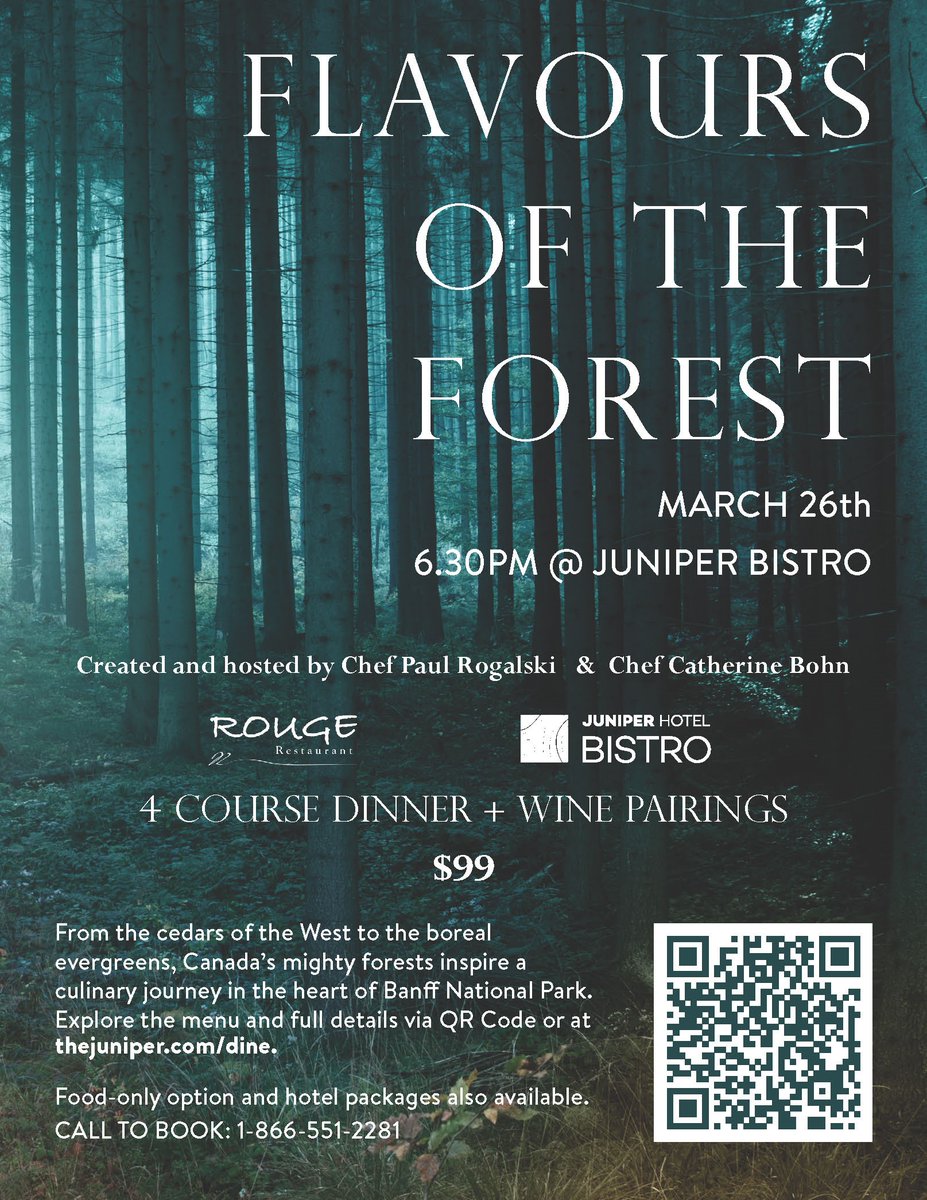 From the cedars of the West to the boreal evergreens, Canada’s mighty forests inspire a culinary journey in the heart of Banff. Join us for an evening of forest flavours, created &amp;hosted by Chef Paul Rogalski of <a href="/RougeCal/">Rouge Restaurant</a>  our own Chef Catherine Bohn thejuniper.com/flavours-of-th…