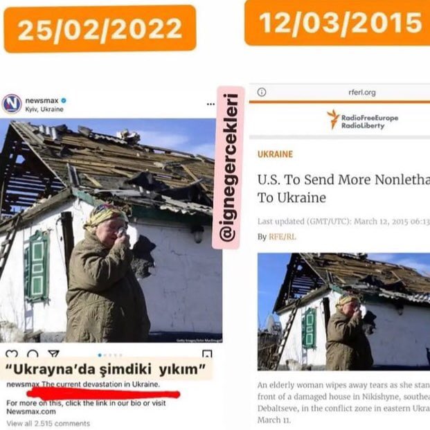 #UkraineRussianWar 
Ukrayna yalanları:
Ruslar köylerde bile sivil halkı vuruyor şeklinde gösterilen bu ünlü fotoğraf karesinin 12 Mart 2015 tarihli olduğu ortaya çıktı
