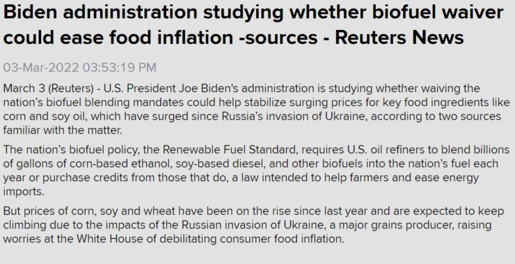 Reuters reporting that the Biden administration is studying whether waiving U.S. biofuel blending mandates could help stabilize soaring prices for key food ingredients like #corn &amp; #soyoil.